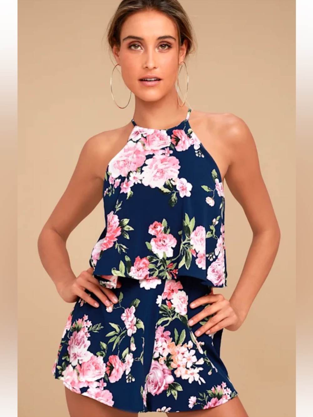 NWT Lulus In the Garden Navy Blue Floral Romper size XS. Sleeveless halter style